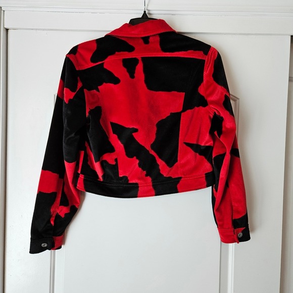 Express World Brand Jacket Cropped Red & Black Womens Large Velvety Velour Cow - Picture 3 of 7